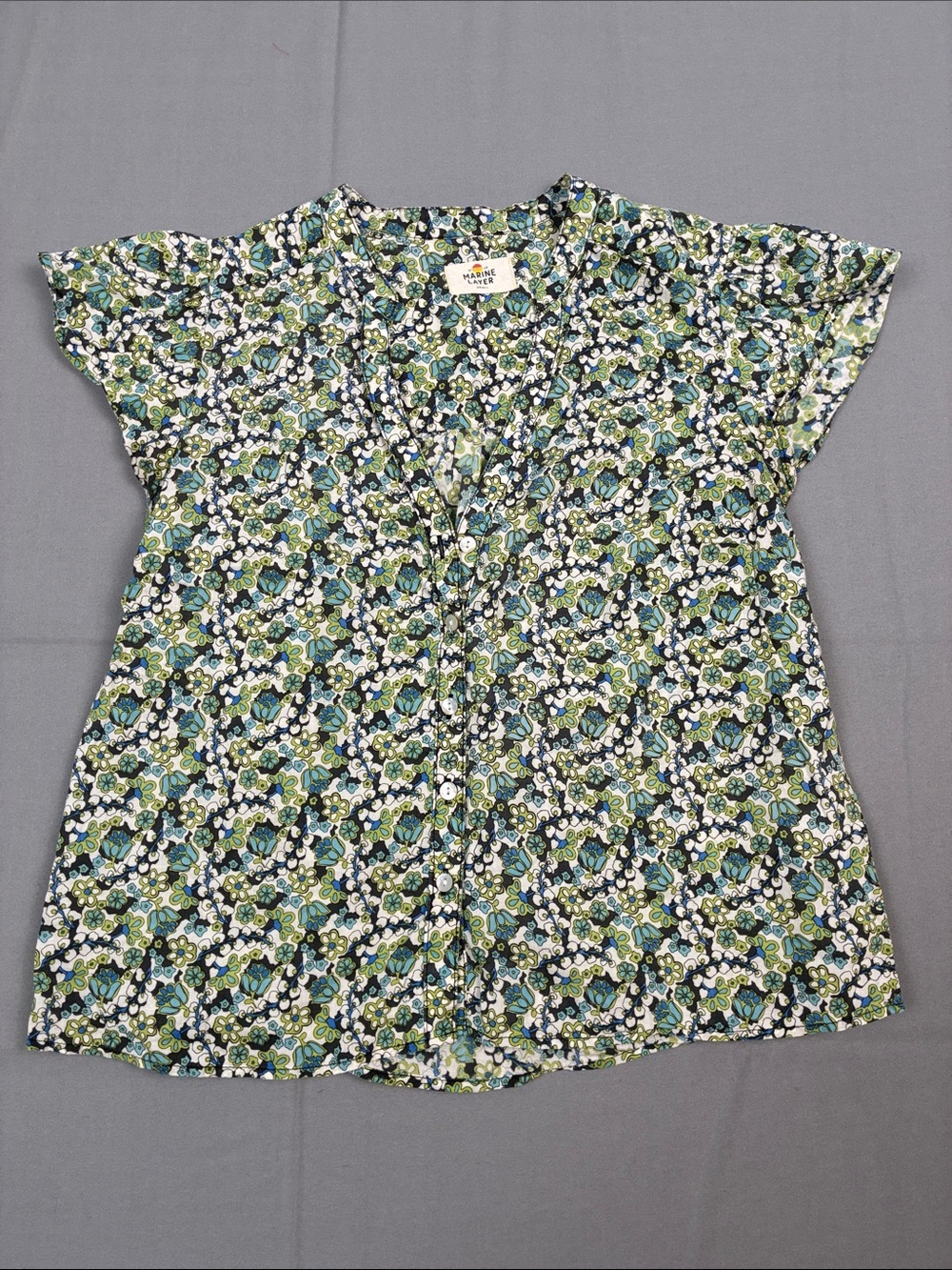 Marine Layer Women’s Small Green and Blue Floral Button-Front Blouse Collar